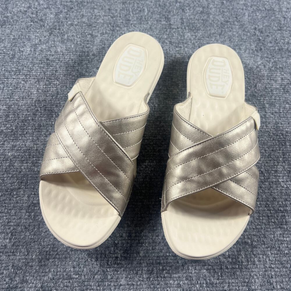 HEYDUDE Christi Slide Distressed Metallic Silver Women's 10 Sandals 41075-96V